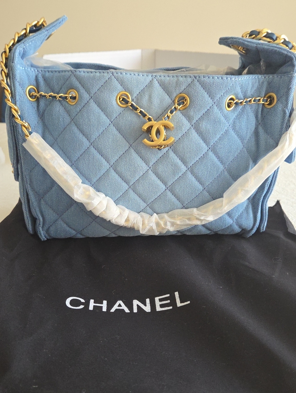 NWOT Light Blue Quilted Denim Shoulder Bag with Gold Hardware